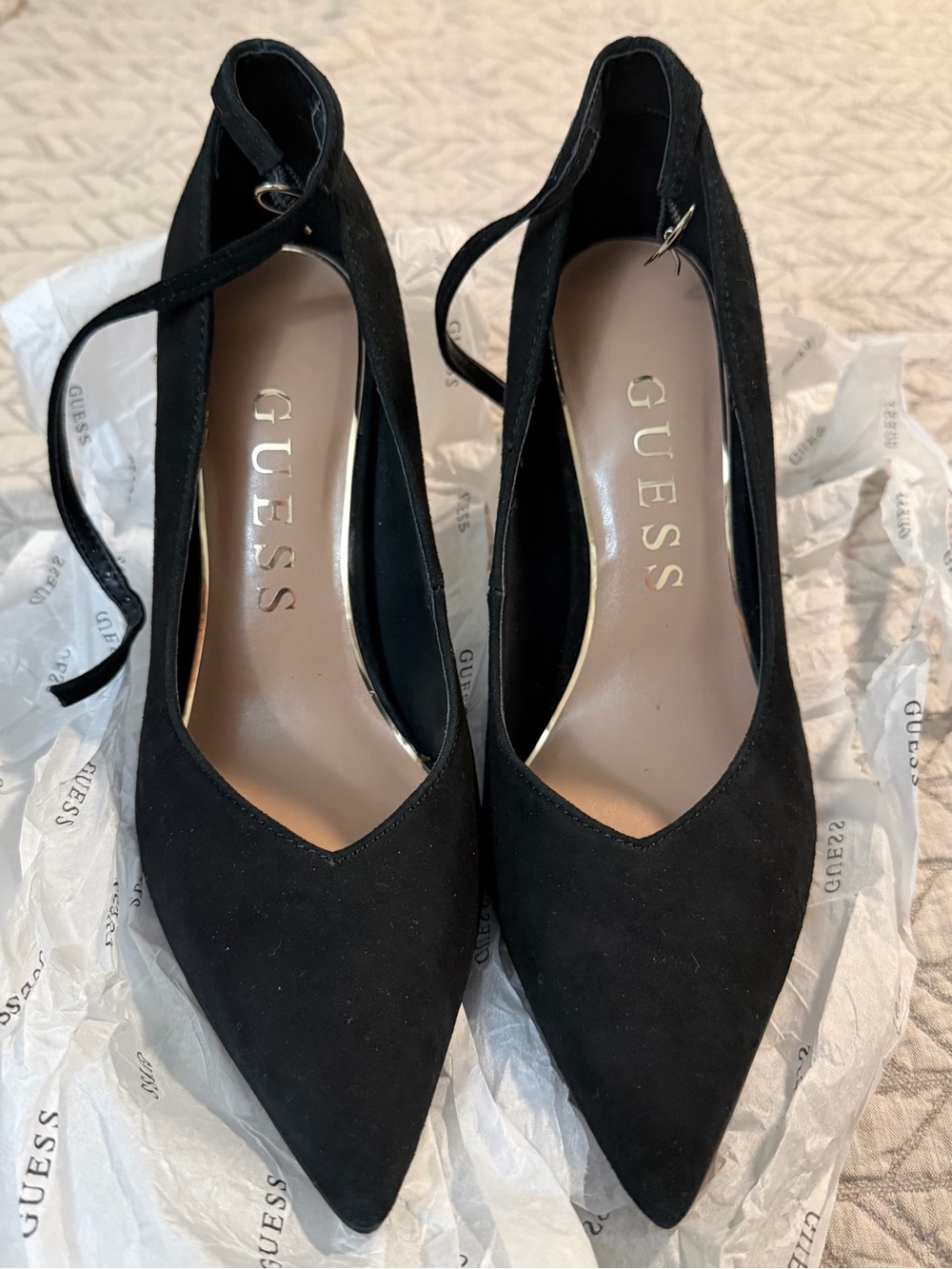 GUESS Black Suede Pointed Toe Ankle-Strap Heels Size 7 1/2